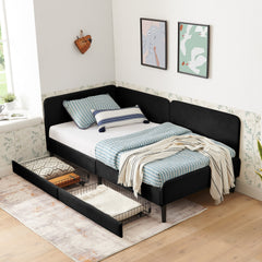 Twin Size Upholstered Platform Bed Frame with 2 Storage Drawers, Adjustable Velvet Sofa Bed, Black