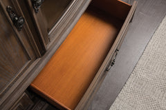 Traditional Style TV Console Base Entertainment Center With 6 Doors And 2 Drawers Carved Detail Design Dentil Moldings Reeded Posts Weather Oak Finish