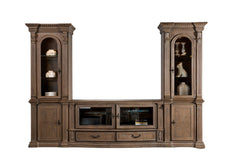 Traditional Style TV Console Base Entertainment Center With 6 Doors And 2 Drawers Carved Detail Design Dentil Moldings Reeded Posts Weather Oak Finish