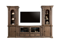 Traditional Style TV Console Base Entertainment Center With 6 Doors And 2 Drawers Carved Detail Design Dentil Moldings Reeded Posts Weather Oak Finish