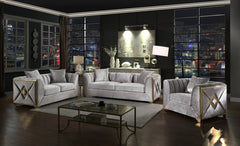 Velencia upholstery, bold gold "X" inlay accents, and elegant tufting 3Pc Modern Living Room Set in Silver (NJ INVENTORY)