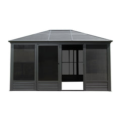 11.2x14.6FT Sunroom, Four Season Solarium Aluminum Hardtop Gazebo with Galvanized Steel Roof, Movable PVC Screen Walls, Sliding Doors, Sun Room Pavilion Gazebo for Patio Deck Backyard, Gray