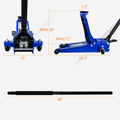 3T Heavy Duty Horizontal Double Pump Floor Jack (with foot pedal),and Steel Racing Floor Jack with Dual Piston Quick Lift Pump,3 Ton (6,600 lb) Capacity,Blue