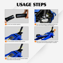 3T Heavy Duty Horizontal Double Pump Floor Jack (with foot pedal),and Steel Racing Floor Jack with Dual Piston Quick Lift Pump,3 Ton (6,600 lb) Capacity,Blue