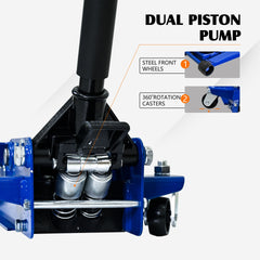 3T Heavy Duty Horizontal Double Pump Floor Jack (with foot pedal),and Steel Racing Floor Jack with Dual Piston Quick Lift Pump,3 Ton (6,600 lb) Capacity,Blue