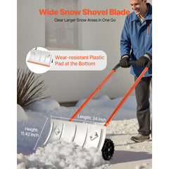 Winter Snow Pusher Shovel with Wheels 24 in Durable Metal Snow Plow for Driveway