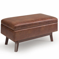 Owen 36 inch Wide Small Rectangular Storage Ottoman in Distressed Saddle Brown Vegan Leather