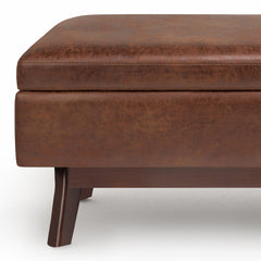 Owen 36 inch Wide Small Rectangular Storage Ottoman in Distressed Saddle Brown Vegan Leather