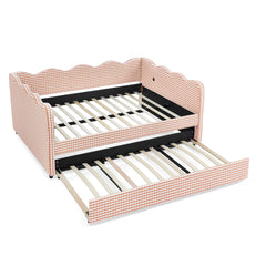 Full Size Cozy Gingham Daybed with Twin Size Trundle No Box Spring Needed, with USB Port and Adorable Wave Shaped, Linen Fabric