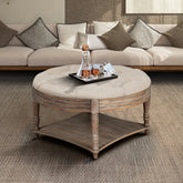 Large Round Waterproof Ottoman Coffee Table 2 Tier Oversized Button Tufted Ottoman with Wooden Shelf Storage Farmhouse Upholstered Coffee Table Living Room Footstool Ottoman Linen