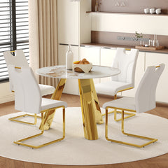 Table and chair set.A 42-inch White Imitation Marble Textured Round table.Paired with 4 Uniquely designed White Dining Chairs With Golden Metal Leg.Sintered Stone Tabletop.Golden Stainless Steel Leg.