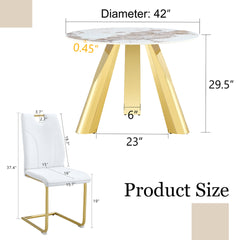 Table and chair set.A 42-inch White Imitation Marble Textured Round table.Paired with 4 Uniquely designed White Dining Chairs With Golden Metal Leg.Sintered Stone Tabletop.Golden Stainless Steel Leg.