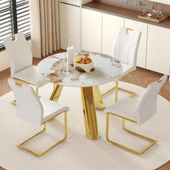 Table and chair set.A 42-inch White Imitation Marble Textured Round table.Paired with 4 Uniquely designed White Dining Chairs With Golden Metal Leg.Sintered Stone Tabletop.Golden Stainless Steel Leg.