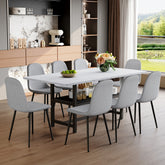Table and chair set.71*35.4 inch White Grain Spliced Dining Table With Storage Function In The Middle Of The Table Legs.Paired with 8 Light Gray Linen-Cotton Material High Resilience Dining Chairs.