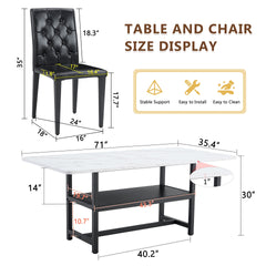 Table and chair set.71*35.4 inch White Grain Spliced Dining Table With Storage Function In The Middle Of The Table Legs.Paired with 8 black PU dining chairs with ergonomic buckle backrest.