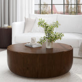 35.63" Round Outdoor Indoor Coffee Table, Modern Wood Grain Drum Center Table, Sturdy MGO (Magnesium Oxide) Waterproof, No-Assembly Table for Patio, Garden, Backyard, Living Room (Brown)