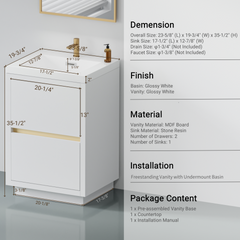 24" Freestanding Bathroom Vanity with Sink, Bathroom Storage Vanity Cabinet with Stone Resin Countertop and Soft Close Drawers Fully Assembled, Glossy White 24V14-24GW-W1920P385539