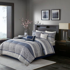 7 Piece Jacquard Comforter Set Navy Queen
