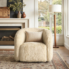 Colt 33" Fur Swivel Upholstered Barrel Accent Arm Chair, Cream Beige Faux Fur