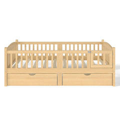 Twin Platform Bed with Full-length Guardrails, Kids Platform Bed with Storage Drawers, Childlike and Cute Headboard Design, Natural