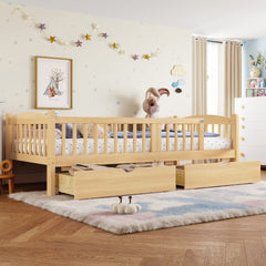 Twin XL Platform Bed with Full-length Guardrails, Kids Platform Bed with Storage Drawers, Childlike and Cute Headboard Design, Natural