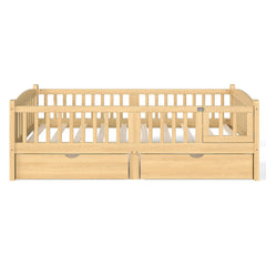 Twin XL Platform Bed with Full-length Guardrails, Kids Platform Bed with Storage Drawers, Childlike and Cute Headboard Design, Natural