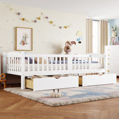 Twin XL Platform Bed with Full-length Guardrails, Kids Platform Bed with Storage Drawers, Childlike and Cute Headboard Design, White