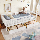 Twin XL Platform Bed with Full-length Guardrails, Kids Platform Bed with Storage Drawers, Childlike and Cute Headboard Design, White