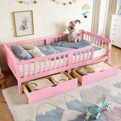 Twin XL Platform Bed with Full-length Guardrails, Kids Platform Bed with Storage Drawers, Childlike and Cute Headboard Design, Pink