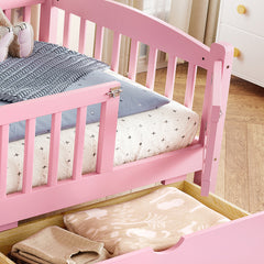 Twin XL Platform Bed with Full-length Guardrails, Kids Platform Bed with Storage Drawers, Childlike and Cute Headboard Design, Pink