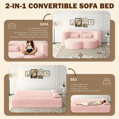 Modern Floor Sofa with 2 Pillows,Convertible Corduroy Fabric Foam-Filled Sleeper Sofa Bed,15" Twin Size Folding Mattress for Living Room,Guest Bed,Playroom,no assembly required,Baby Pink