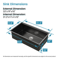 Kitchen Sink 33"x19" Multifunctional undermount Flying Rain Waterfall S304 Stainless Steel Handmade Modern Single Bowl Kitchen Sink Black