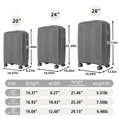 20"/24"/28" 3 pcs/set in PP Spinner Wheel Luggage, Carry on Suitcase, Matching Color, Combination Lock (Silver grey)