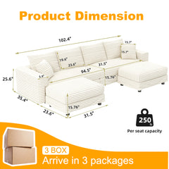 102.4 "Plush Corduroy 4-Seat Sofa,Modern Comfy Upholstered Sofa Cloud Couch,Deep Seat Couches with Soft Pillows and 2 Ottomans,Convertible Sofa Lounge Chair,for Living Room,Apartment,Beige/White