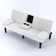 The 67-inch white PVC multi-functional sofa bed, with a foldable and cup holder design, makes it extremely convenient to turn the living room into a guest room