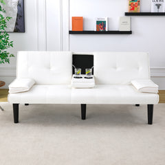 The 67-inch white PVC multi-functional sofa bed, with a foldable and cup holder design, makes it extremely convenient to turn the living room into a guest room