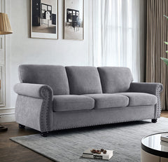 Soft Velvet Sofa, Upholstered 3 Seater Couch with High-Density Foam, Loose Back Cushions and Solid Wood Turned Legs, Chic Living Room Furniture for Home, Apartment and Office, Grey