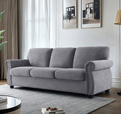 Soft Velvet Sofa, Upholstered 3 Seater Couch with High-Density Foam, Loose Back Cushions and Solid Wood Turned Legs, Chic Living Room Furniture for Home, Apartment and Office, Grey