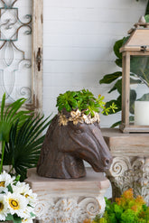 14.5x8.5x13.5" Magnesium Horse Statue Planter with Textured Brown Finish and Gold Leaf Crown