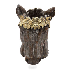 14.5x8.5x13.5" Magnesium Horse Statue Planter with Textured Brown Finish and Gold Leaf Crown