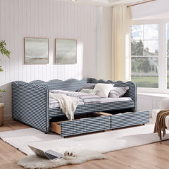 Queen Size Cozy Gingham Daybed with Two Storage Drawers, with USB Port and Adorable Wave Shaped, Linen Fabric