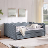 Queen Size Cozy Gingham Daybed with Two Storage Drawers, with USB Port and Adorable Wave Shaped, Linen Fabric