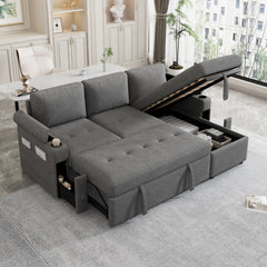 83.5" L-shaped Sofa Couch Convertible Sofa Bed Sectional Sofa with Ample Storage Space, Two Cup Holders and Two USB Ports for Living Room, Gray