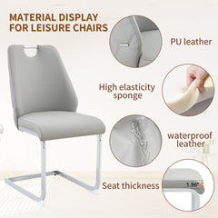Dining Chairs Set of 2, Light Gray Faux Leather Kitchen Chairs with Gold Mesh Texture, Silver Back Ring and Chrome Pull Handle, High Back Upholstered Dining Room Chair (Light Gray, Set of 2)