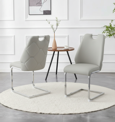 Dining Chairs Set of 2, Light Gray Faux Leather Kitchen Chairs with Gold Mesh Texture, Silver Back Ring and Chrome Pull Handle, High Back Upholstered Dining Room Chair (Light Gray, Set of 2)