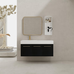 48 Inch Wall-Mounted Bathroom Vanity with Sink and Storage Rack, Thick Edged Resin Left Basin, KD-Package