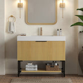 YOLAN 36" Bathroom Vanity&Sink, Freestanding Striped Plywood Storage Cabinet with Drawer & Open Shelf, White Rectangular Undermount Resin Integrated Basin, Pre-assembled, Corolla Oak Woodgrain Color