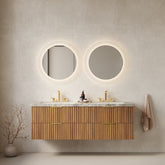 ELIO 60" Bathroom Vanity with Sink, Wall-Mounted Bathroom Storage Cabinet with Drawers, Sintered Stone Countertop and 2 Basins with 3 Pre-drilled Faucet Holes, Pre-assembled, Brown Oak Woodgrain Color