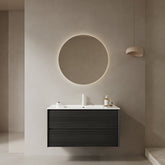 BRON 36" Bathroom Vanity with Sink, Wall-Mounted Floating Plywood Bathroom Storage Cabinet with 2 Drawers, White Ceramic Basin, Pre-assembled, Dark Oak Woodgrain Color