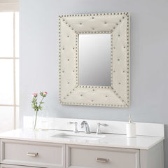 WHITE Rectangle Decorative Wall Hanging Mirror,Rivet Decoration,PU Covered MDF Framed Mirror for Bedroom Living Room Vanity Entryway Wall Decor,21x26inch